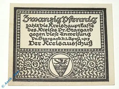 Notgeld Preussisch Stargard , 20 Pfennig Schein , Tieste 5770.05.10 , von 1917 , Westpreussen Verkehrsausgabe