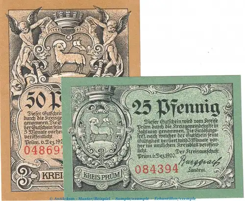 Notgeld Prüm , Set mit 2 Scheinen , Tieste 5795.10.01 und 02 , von 1920 , Rheinland Verkehrsausgabe