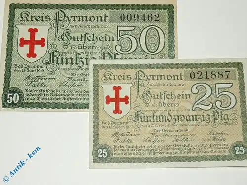 Notgeld Pyrmont , Set mit 2 Scheinen , Tieste 5825.05.01 und 02 , von 1919 , Niedersachsen Verkehrsausgabe