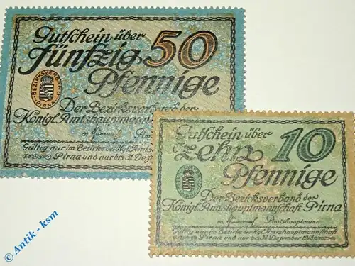 Notgeld Pirna , Set mit 2 Scheinen , gezähnt , Tieste 5620.05.01 und 02 , von 1918 , Sachsen Verkehrsausgabe