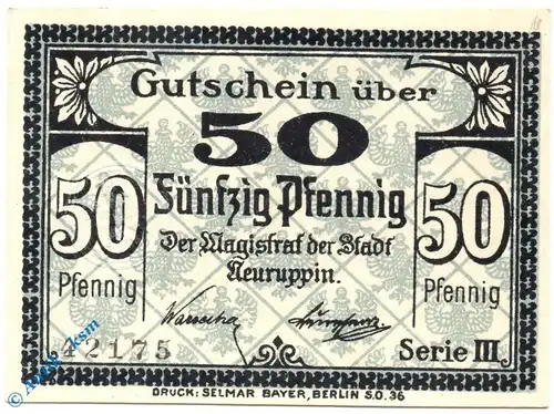Notgeld Neuruppin , 50 Pfennig Schein Kartonpapier , Tieste 4925.10.03 , Brandenburg Verkehrsausgabe