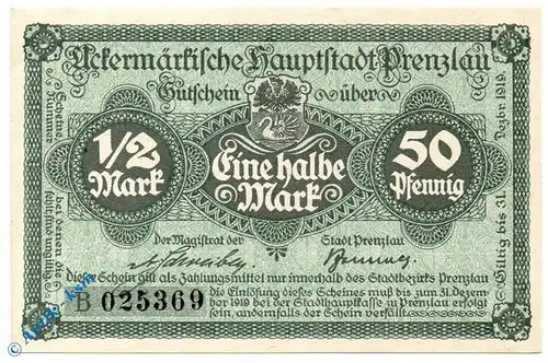 Notgeld Prenzlau , 50 Pfennig Schein B , o. Wz , Tieste 5755.10.05 , Brandenburg Verkehrsausgabe