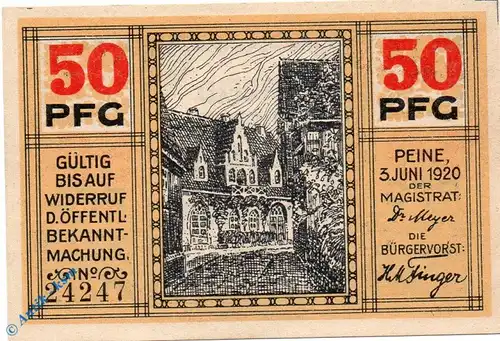 Notgeld Peine , 50 Pfennig Schein , Tieste 5540.10.07 , von 1920 , Niedersachsen Verkehrsausgabe