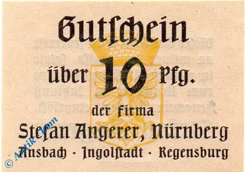 Notgeld Nürnberg , S. Angerer , 10 Pfennig Schein , Tieste 5190.005.01 , Bayern Verkehrsausgabe