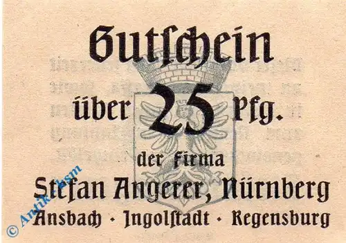 Notgeld Nürnberg , S. Angerer , 25 Pfennig Schein , Tieste 5190.005.02 , Bayern Verkehrsausgabe