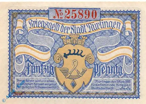 Notgeld Nürtingen , 50 Pfennig Schein , Tieste 5200.10.05 , von 1918 , Württemberg Verkehrsausgabe