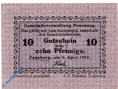 Notgeld Penzberg , 10 Pfennig Schein violett , Tieste 5560.05.05 , von 1917 , Bayern Verkehrsausgabe