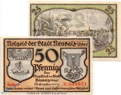 Notgeld Neusalz , Set mit 2 Scheinen in kfr. Tieste 4930.35.05-06 , von 1920 , Schlesien Verkehrsausgabe