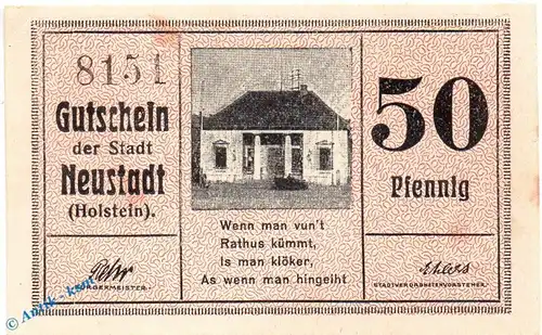 Notgeld Neustadt , 50 Pfennig Schein rosa in kfr. Tieste 4950.05.15 , von 1920 , Schleswig Holstein Verkehrsausgabe