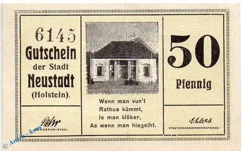Notgeld Neustadt , 50 Pfennig Schein gelb in kfr. Tieste 4950.05.20 , von 1920 , Schleswig Holstein Verkehrsausgabe