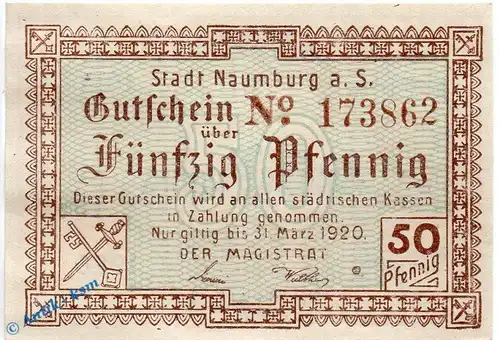 Notgeld Naumburg , 50 Pfennig Schein in kfr. Tieste 4770.10.05 , von 1917 , Provinz Sachsen Verkehrsausgabe