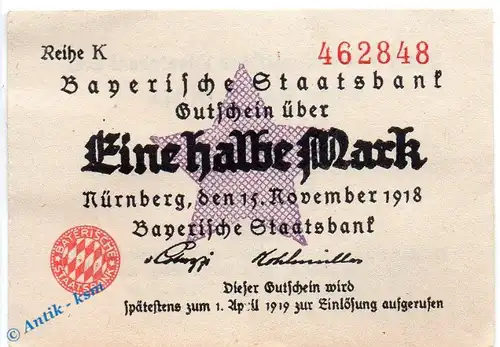 Notgeld Nürnberg , Staatsbank , 50 Pfennig Schein in kfr. Tieste 5190.010.05 , von 1918 , Bayern Verkehrsausgabe