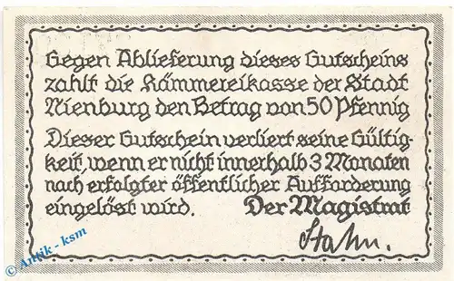 Notgeld Nienburg , 50 Pfennig Schein in kfr. Tieste 5105.05.06 , von 1919 , Niedersachsen Verkehrsausgabe