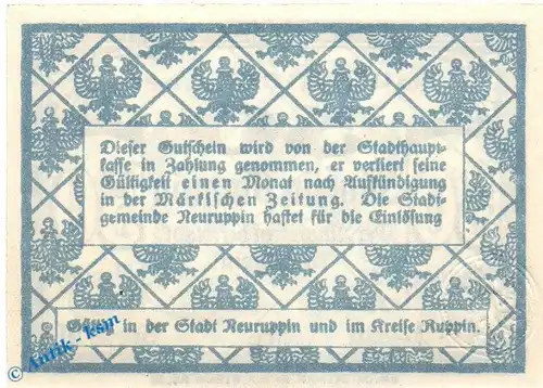 Notgeld Neuruppin , 50 Pfennig Schein in kfr. Tieste 4925.10.06 , o.D. , Brandenburg Verkehrsausgabe