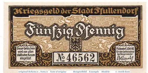 Notgeld Pfullendorf , 50 Pfennig Schein in kfr. Tieste 5600.05.05 , von 1917 , Baden Verkehrsausgabe