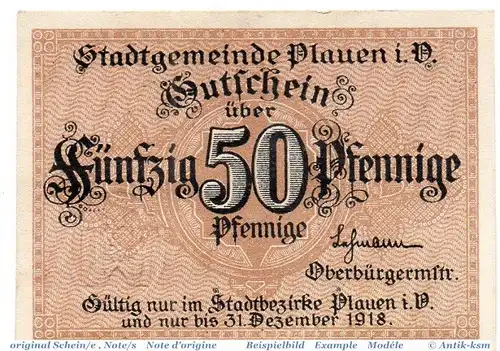 Notgeld Plauen , 50 Pfennig Schein in kfr. Tieste 5655.10.03 , o.D. Sachsen Verkehrsausgabe