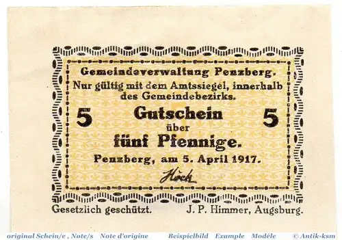 Notgeld Penzberg , 5 Pfennig Schein in kfr. Tieste 5560.05.20 , von 1917 , Bayern Verkehrsausgabe