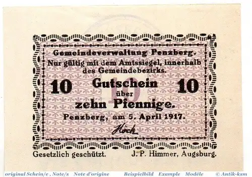 Notgeld Penzberg , 10 Pfennig Schein in kfr. Tieste 5560.05.21 , von 1917 , Bayern Verkehrsausgabe