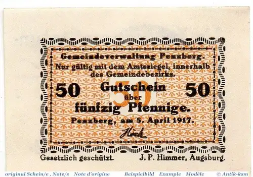 Notgeld Penzberg , 50 Pfennig Schein in kfr. Tieste 5560.05.22 , von 1917 , Bayern Verkehrsausgabe