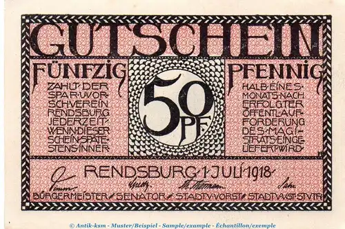 Notgeld Stadt Rendsburg 6025.05.16 , 50 Pfennig -Wz ZickZack- in kfr. von 1918 , Schleswig Holstein Verkehrsausgabe