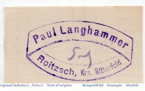 Notgeld Roitzsch , P. Langhammer , 5 Pfennig Schein in kfr. Tieste 6150.25.01 , o.D. Sachsen Anhalt Verkehrsausgabe