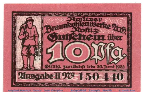 Notgeld Braunkohlewerke Rositz 6195.05.10 , 10 Pfennig Schein in kfr. o.D. Sachsen Verkehrsausgabe