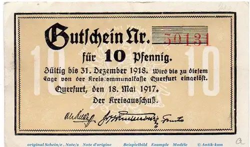 Notgeld Kreis Querfurt 5840.10.01 , 10 Pfennig Schein in f-kfr. von 1917 , Provinz Sachsen Verkehrsausgabe