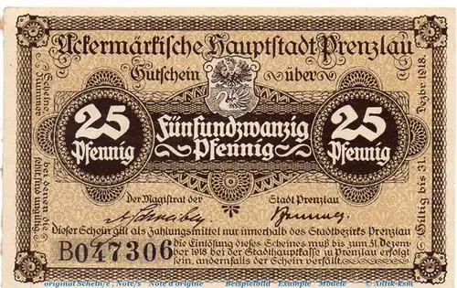 Prenzlau , Tieste 5755.10.05 Notgeld 25 Pfennig Schein in kfr. o.D. Brandenburg Verkehrsausgabe