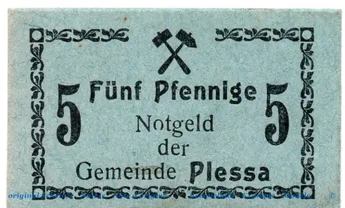 Notgeld Gemeinde Plessa 5670.10.10 , 5 Pfennig Schein in kfr. o.D. Provinz Sachsen Verkehrsausgabe