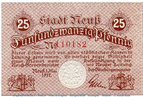 Notgeld Stadt Neuss 4935.05.05 , 25 Pfennig Schein in kfr. von 1917 , Rheinland Verkehrsausgabe