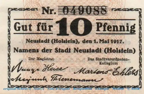 Notgeld Stadt Neustadt 4950.05.01 , 10 Pfennig Schein in kfr. von 1917 , Holstein Verkehrsausgabe
