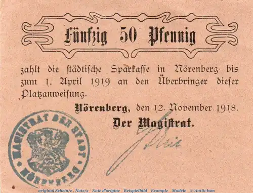 Notgeld Stadt Nörenberg 5145.05.30 , 50 Pfennig Schein in kfr. von 1918 , Pommern Verkehrsausgabe