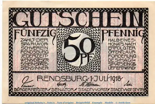 Notgeld Stadt Rendsburg 6025.05.11 , 50 Pfennig Schein in kfr. von 1918 , Schleswig Holstein Verkehrsausgabe
