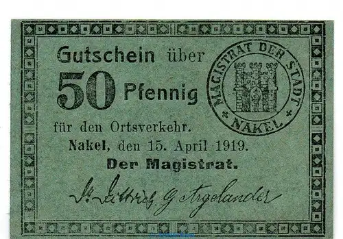 Notgeld Stadt Nakel , 50 Pfennig Schein in kfr. Tieste 4750.05.46 von 1919 , Posen Verkehrsausgabe