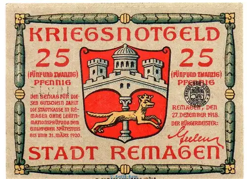 Notgeld Stadt Remagen 6015.10.01 , 25 Pfennig Schein in kfr. von 1918 , Rheinland Verkehrsausgabe