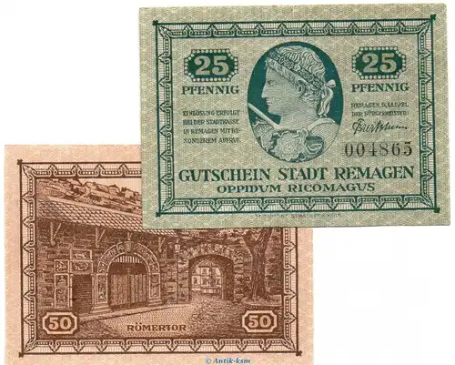 Notgeld Stadt Remagen 6015.10.05.06 , Set mit 2 Scheinen in kfr. von 1921 , Rheinland Verkehrsausgabe