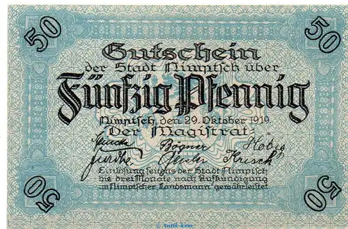 Notgeld Stadt Nimptsch 5135.10.08 , 50 Pfennig Schein in kfr. von 1919 , Schlesien Verkehrsausgabe