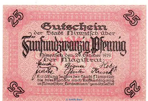 Notgeld Stadt Nimptsch 5135.10.07 , 25 Pfennig Schein in kfr. von 1919 , Schlesien Verkehrsausgabe