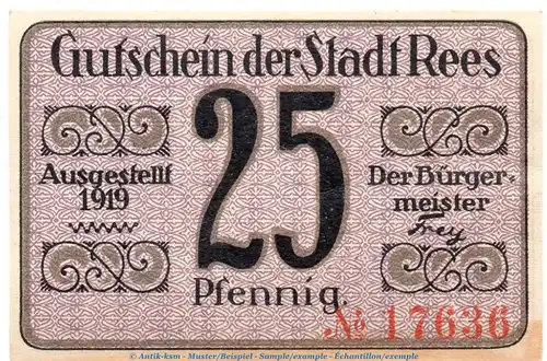 Notgeld Stadt Rees 5950.05.01 , 25 Pfennig Schein in kfr. von 1919 , Rheinland Verkehrsausgabe