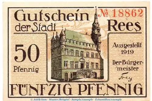 Notgeld Stadt Rees 5950.05.02 , 50 Pfennig Schein in kfr. von 1919 , Rheinland Verkehrsausgabe