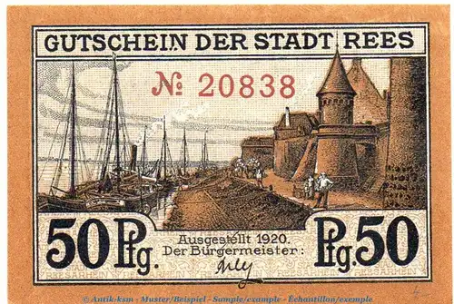 Notgeld Stadt Rees 5950.05.06 , 50 Pfennig Schein in kfr. von 1920 , Rheinland Verkehrsausgabe