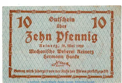 Notgeld mech. Weberei Reinerz 6005.05.25 , 10 Pfennig Schein in gbr. von 1920 , Schlesien Verkehrsausgabe