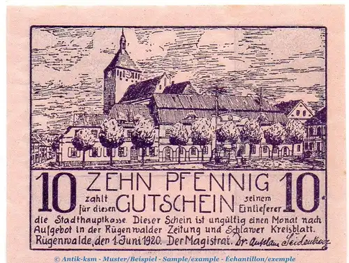 Notgeld Stadt Rügenwalde , 10 Pfennig Schein in kfr. Tieste 6285.05.20 von 1920 , Pommern Verkehrsausgabe