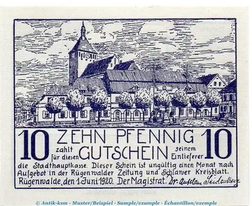 Notgeld Stadt Rügenwalde 6285.05.40-50 , 10 Pfennig Press-Wz. in kfr. von 1920 , Pommern Verkehrsausgabe