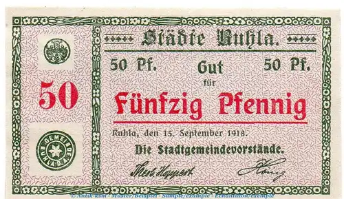 Notgeld Städte Ruhla 6300.05.11 , 50 Pfennig Frontdienst in kfr. von 1918 , Thüringen Verkehrsausgabe