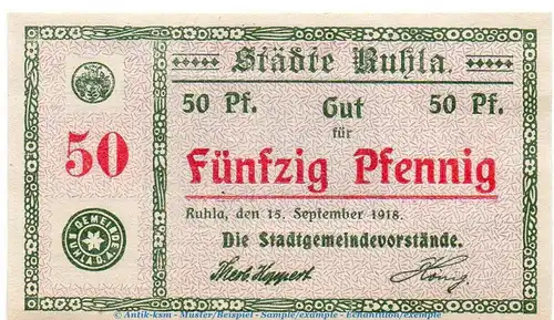 Notgeld Städte Ruhla 6300.05.16 , 50 Pfennig -Landgraf- in kfr. von 1918 , Thüringen Verkehrsausgabe