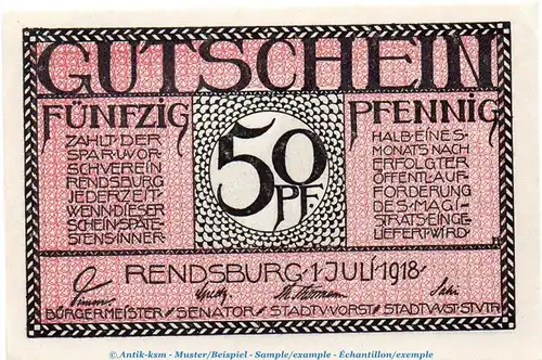 Notgeld Stadt Rendsburg 6025.05.20 , 50 Pfennig -Wz Tropfen- in kfr. von 1918 , Schleswig Holstein Verkehrsausgabe
