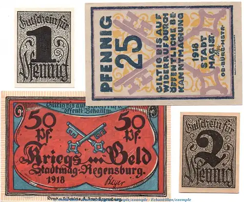 Notgeld Stadt Regensburg 5955.40.01-11 , Set mit 4 Scheinen in kfr. von 1918 , Bayern Verkehrsausgabe