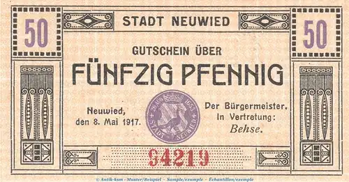 Notgeld Stadt Neuwied , 50 Pfennig Schein in kfr. Tieste 5025.10.01 von 1917 , Rheinland Verkehrsausgabe