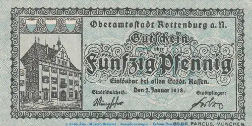 Notgeld Stadt Rottenburg , 50 Pfennig Schein in kfr. Tieste 6255.05.05 von 1918 , Württemberg Verkehrsausgabe
